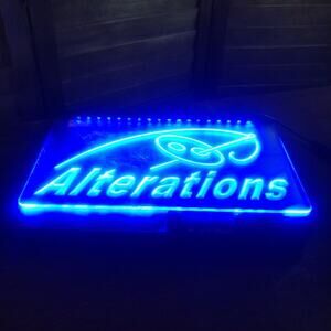 Neon “Alterations” Light Up Sign 12” x 7” Blue Acrylic Wall Sign